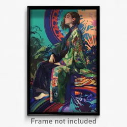 Art Poster - Woman Feeling Relieved Wearing Active Green Kimono (Print)