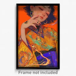 Anime Art Poster - Woman Feeling Grouchiness, Imaginative Orange Kimono (Print)