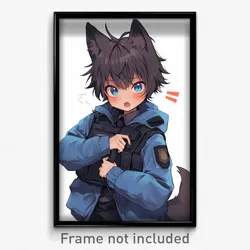 Anime Art Poster - Boy Feeling Discomfort Wearing Husky Police Uniform (Print)