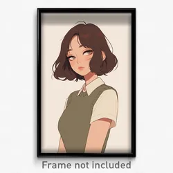Anime Art Poster - Woman Feeling Bitter Sweetness, Gray Green Vest (Print)