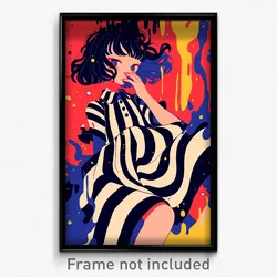 Art Poster - Girl Feeling Confusion Wearing Large Vertical Striped Dress (Print)