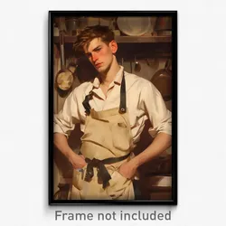Art Poster - Man Feeling Curiosity Wearing Cluttered White Apron (Print)