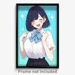 Anime Art Poster - Woman Feeling Thrilled, Scholarly Blue Neckwear (Print)
