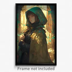 Art Poster - Girl Feeling Enlightened Wearing Lively Hooded Cape (Print)