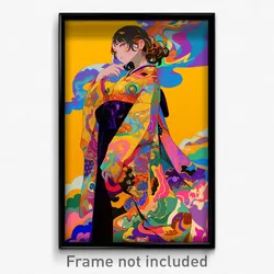 Art Poster - Woman Feeling Attentiveness, Royal Multicolored Kimono (Print)