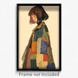 Anime Art Poster - Woman Feeling Suspense Wearing Soft Patchwork Clothes (Print)