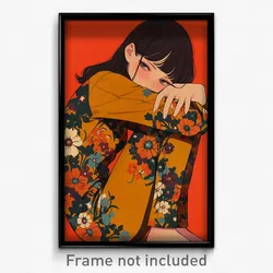 Anime Art Poster - Woman Feeling Upset Wearing Flowery Brown Bodysuit (Print)