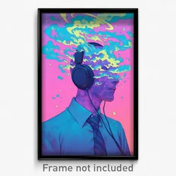 Art Poster - Man Feeling Ambivalence Wearing Orderly Headphones (Print)