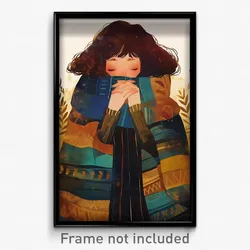 Art Poster - Woman Feeling Thankful Wearing Unique Striped Scarf (Print)