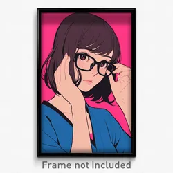 Anime Art Poster - Woman Feeling Caring, Attractive Black Framed Eyewear (Print)