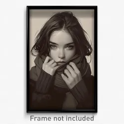 Art Poster - Woman Feeling Moody Wearing Gloomy Grey Scarf (Print)