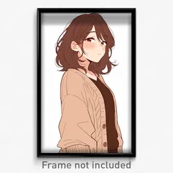 Anime Art Poster - Woman Feeling Suspicious Wearing Rosy Brown Cardigan (Print)