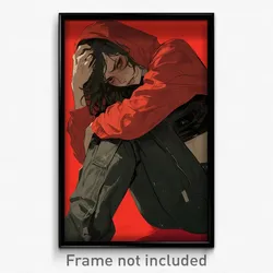 Anime Art Poster - Woman Feeling Annoyance Wearing Immaterial Red Hoodie (Print)