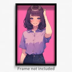 Anime Art Poster - Woman Feeling Discombobulated, Cheery Purple Shirt (Print)