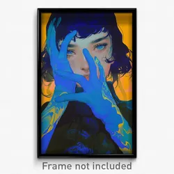 Art Poster - Girl Feeling Self Caring Wearing Mysterious Blue Gloves (Print)