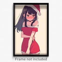 Anime Art Poster - Woman Feeling Anxious Wearing Slim Santa Hat (Print)