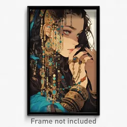 Art Poster - Girl Feeling Enchanted Wearing Ancient Hair Beads (Art Print)