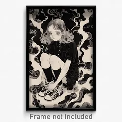 Art Poster - Girl Feeling Caring, Black And White Summer Uniform (Art Print)