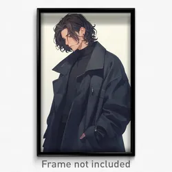 Anime Art Poster - Boy Feeling Caring Wearing Voluminous Black Coat (Print)