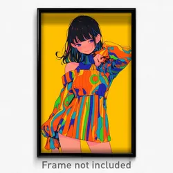 Anime Art Poster - Girl Feeling Unhappy, Zesty Vertical Striped Dress (Print)