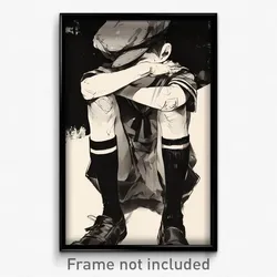 Art Poster - Boy Feeling Helpless Wearing Flippant Hat Ribbon (Art Print)
