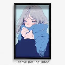 Anime Art Poster - Girl Feeling Shy Wearing Impeccable Blue Scarf (Print)
