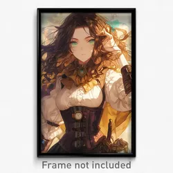 Anime Art Poster - Woman Feeling Awe Wearing Cluttered Brown Corset (Print)