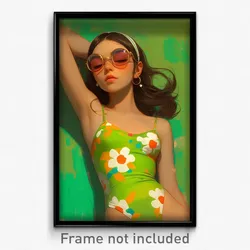Art Poster - Woman Feeling Relaxed Wearing Flowery Green Leotard (Art Print)