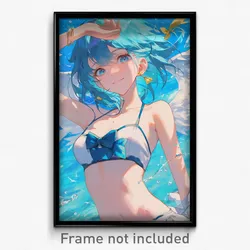 Anime Art Poster - Woman Feeling Bliss Wearing Rectangular Aqua Bowtie (Print)