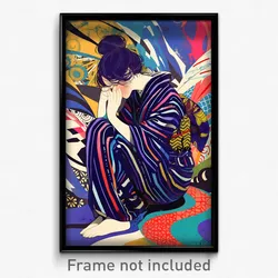 Anime Art Poster - Woman Feeling Discombobulated, Accomplished Striped Kimono