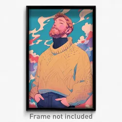 Anime Art Poster - Man Feeling Joy Wearing Slim Beige Sweater (Print)