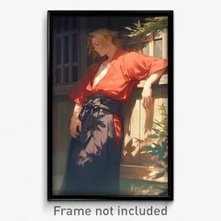 Anime Art Poster - Man Feeling Lazy Wearing Acclaimed Red Hakama (Print)