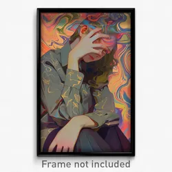 Art Poster - Woman Feeling Baffled Wearing Acrobatic Grey Shirt (Art Print)