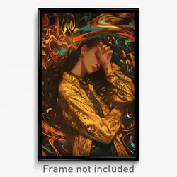 Art Poster - Woman Feeling Content Wearing Golden Denim Jacket (Art Print)