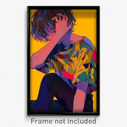 Anime Art Poster - Boy Feeling Melancholy Wearing Crazy Cropped Shirt (Print)