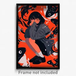 Anime Art Poster - Woman Feeling Miserable Wearing Quirky Grey Shirt (Print)