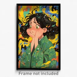 Art Poster - Girl Feeling Overwhelmed Wearing Cheery Green Kimono (Art Print)
