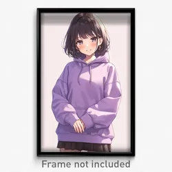 Anime Art Poster - Woman Feeling Politeness Wearing Warm Purple Hoodie (Print)
