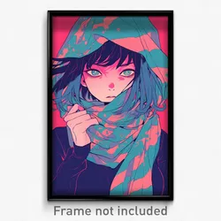 Anime Art Poster - Girl Feeling Negative Wearing Urban Striped Scarf (Print)