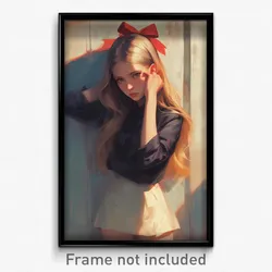 Art Poster - Girl Feeling Regret Wearing Memorable Ribbon (Art Print)