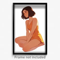Art Poster - Girl Feeling Calm Wearing Cute Orange Dress (Print)