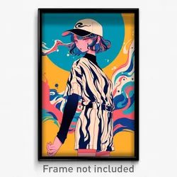 Anime Art Poster - Woman Feeling Determined, Wavy Baseball Uniform (Print)