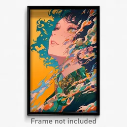 Anime Art Poster - Woman Feeling Serenity, Multicolored Green Neckwear (Print)