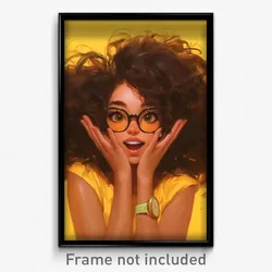 Anime Art Poster - Woman Feeling Excited, Klutzy Black Framed Eyewear (Print)