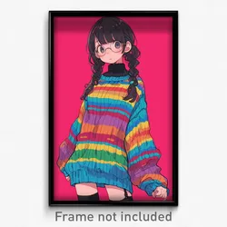 Anime Art Poster - Girl Feeling Thrilled, Interesting Striped Sweater (Print)