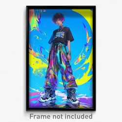 Anime Art Poster - Boy Feeling Attentiveness, Multicolored Baggy Pants (Print)