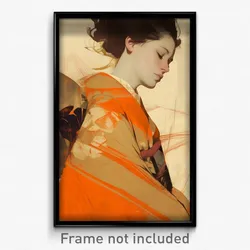 Art Poster - Woman Feeling Calmness Wearing Spectacular Orange Kimono (Print)