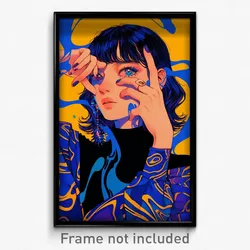 Art Poster - Woman Feeling Focused Wearing Complex Blue Sleeves (Art Print)