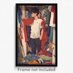Anime Art Poster - Man Feeling Attentiveness, Cluttered Shared Clothes (Print)