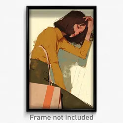 Anime Art Poster - Woman Feeling Alienation Wearing Aged Gift Bag (Print)